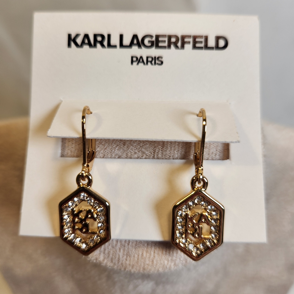 Karl Lagerfeld Paris Gold-tone and Crystal Logo Drop Earrings